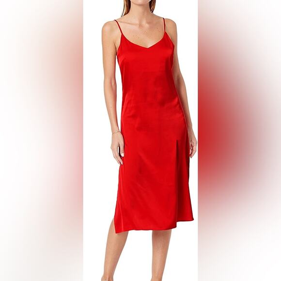 Vintage Red Silky Satin Slip Dress Midi Slit Spaghetti Strap - Picture 1 of 9